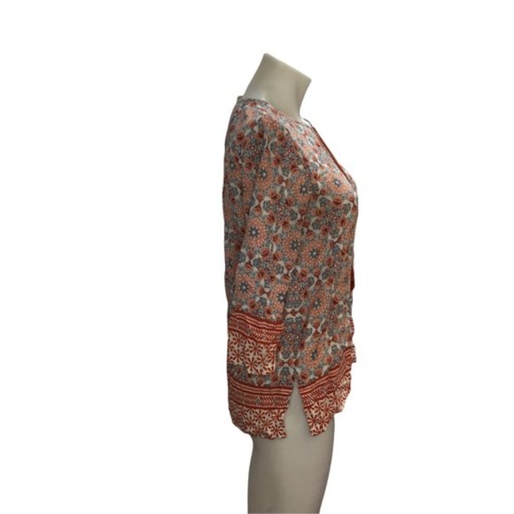 Lucy & Laurel Anthropologie Womens Boho Top Size Medium Orange/Blue Print Tassel - Picture 3 of 7